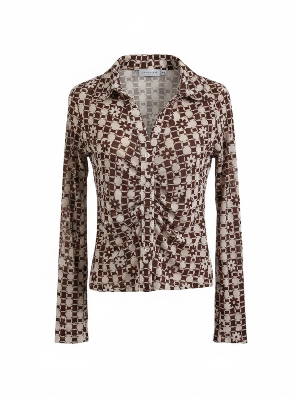 NWT Cotton Candy Brown Patterned Retro Floral Geometric Checkerboard Sheer Top S